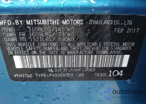 2017 Mitsubishi Mirage G4 Es z USA, uszkodzony, nr VIN ML32F3FJ6HHF19663